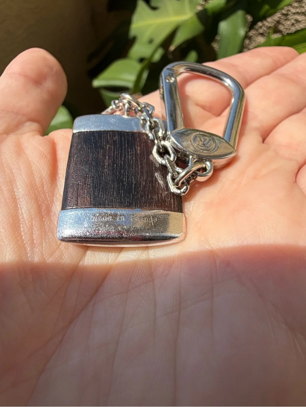 Louis Vuitton Porte Cles Wood Silver Key Ring Bag Charm Keychain Brown